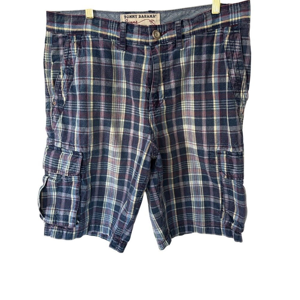 Tommy Bahama Shorts Mens 34 Blue Plaid Cargo Casual Cotton Relaxed Summer